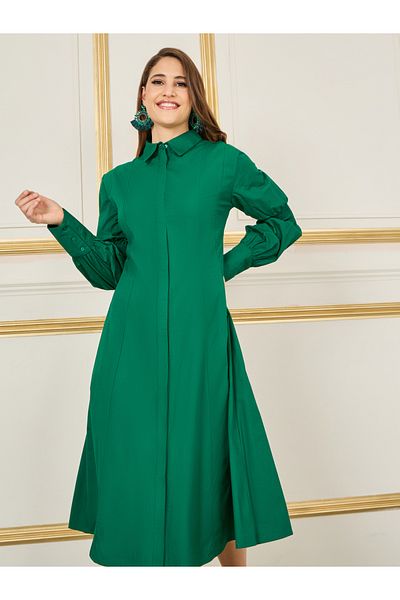 Styli Smocked Detail Sleeves A-Line Midi Shirt Dress