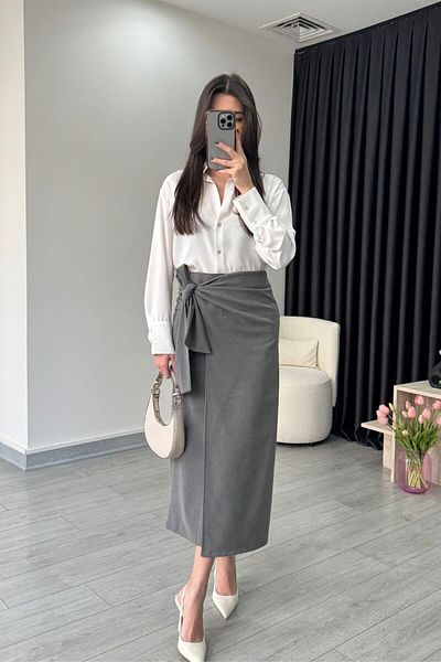 ECEMİ Lacing Detail Anthracite Pencil Skirt