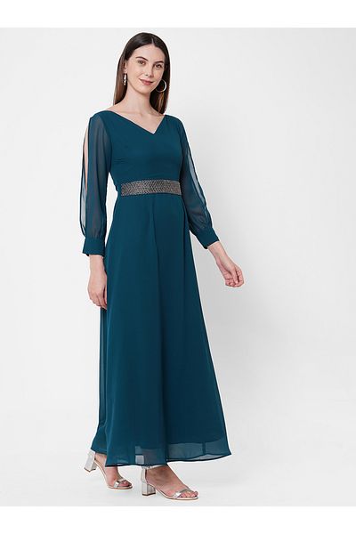 Mish By Styli Embellished Waistband Maxi Dress with Slit Sleeve