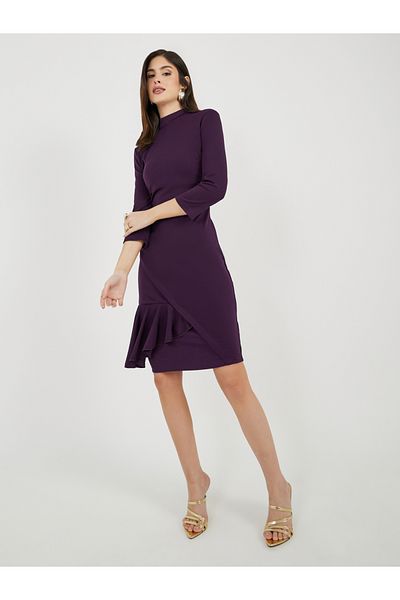 Styli Ruffle Detail Sheath Knee-Length Dress with 3/4th Sleeves