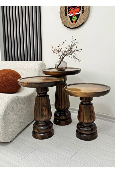 ASELYA HOME Ahşap 3’lü Set Mantar Yan Sehpa Modern Ceviz Renk Fiskos Zigon Çi...