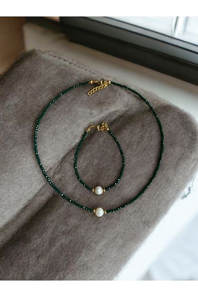 AURA GARDEN Crystal Steel Real Pearl Set Necklace