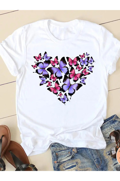 Nebulaa Tekstil تي شيرت نسائي صيفي مطبوع عليه قلب على الموضة للربيع