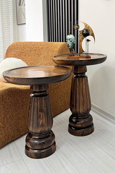 ASELYA HOME Ahşap 2’li Set Mantar Yan Sehpa Modern Ceviz Renk Fiskos Zigon Çi...
