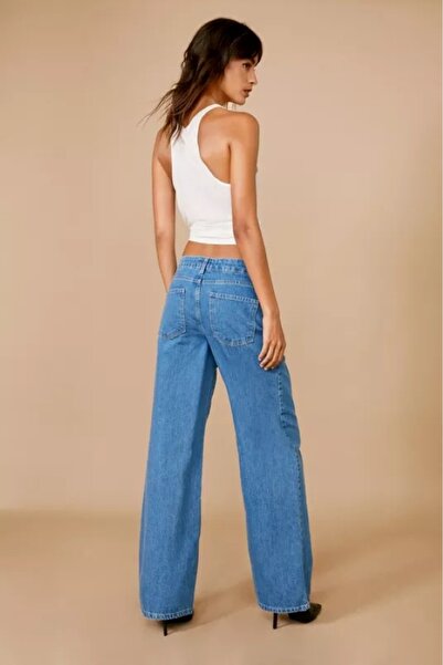 Şans Blugi cu talie înaltă împodobiți cu pietre albastre de mărime mare - 5 buzunare 65N38745