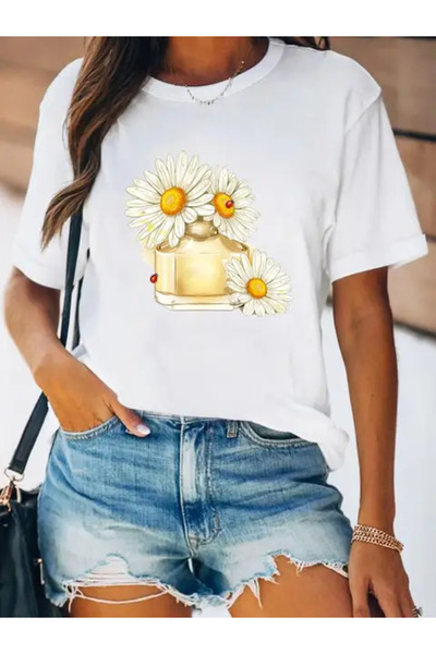 Frisson Tricou cu grafic floral frumos pentru femei, moda de primăvară, impri...