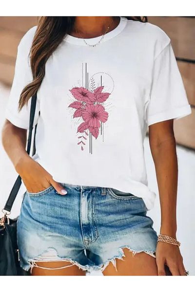 Frisson Women's Spring Fashion Summer Print Floral Beautiful Flower Graphic T-Shirt