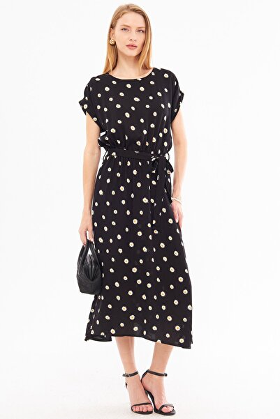 armonika Μαύρο-κίτρινο φόρεμα με στάμπα - Ελαστική μέση, λεπτομέρεια γραβάτας...