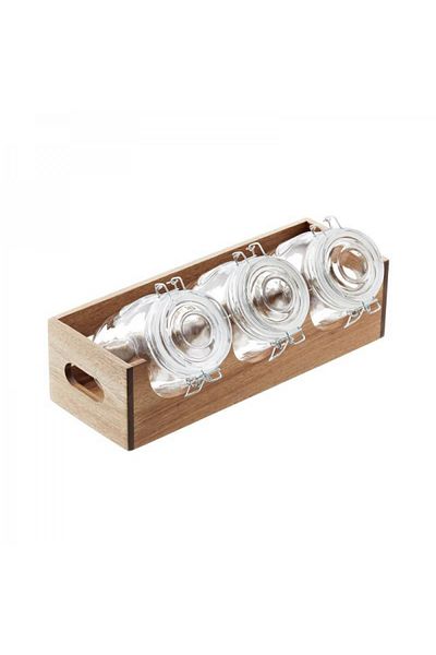 LEONE Set 3 borcane pentru cereale si mirodenii cu suport din lemn