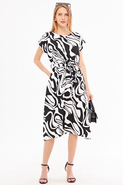 armonika Rochie cu model alb-negru - talie elastică, legături ARM-22Y001044