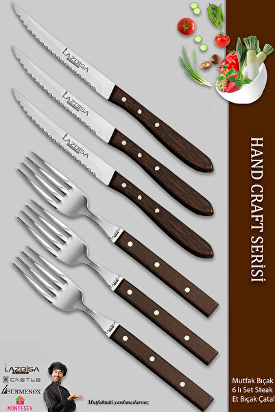 LAZBİSA Hand Craft Serisi Steak Et Bıçağı Çatalı 6 Lı Set Mutfak Bıçak Seti ( Mtf-060 )