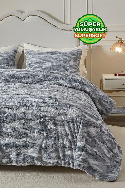 Evlen Home Collection 3 Piece Personality Fur Quilt Sleeping Set - Soft Plush, Mia Anthracite