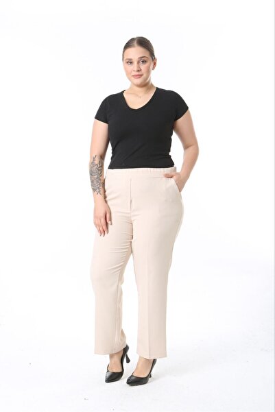Şans Women's Plus Size Ecru Waist Full Rubber Pocket Fabric Pants 65N38733