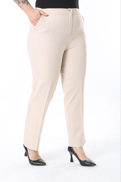 Şans Women's Plus Size Ecru Waist Half Elastic Pocket Classic Trousers 65N12065