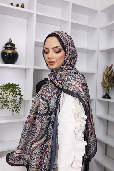 HAR-UM Ticaret Navy Blue Retro Ethnic Patterned Cotton Soft Shawl