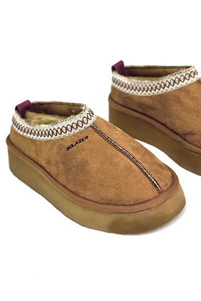 SOLAZER Tan Sheepskin Closed Slippers - Round Toe, Thick Sole, 038 Model
