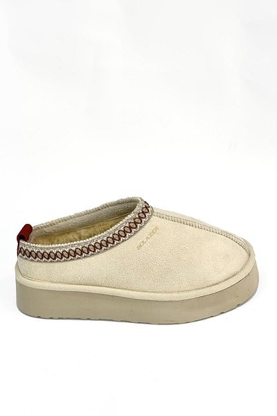 SOLAZER Beige Fur Closed Slippers - Round Toe, Thick Sole 038