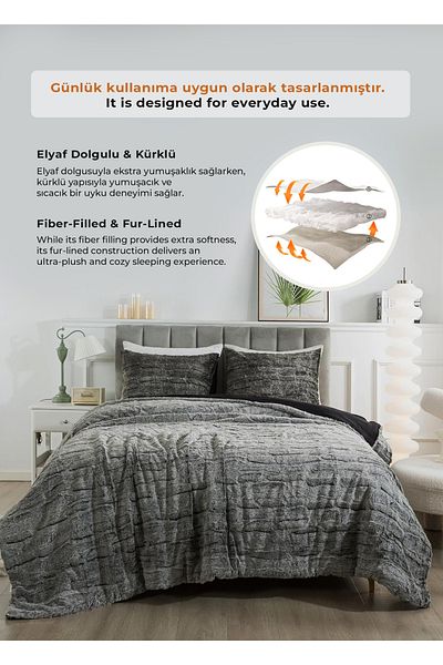 Evlen Home Collection Double Plush Soft Filled Bedspread - Talya Fur Comforter 3 Piece Set Anthracite