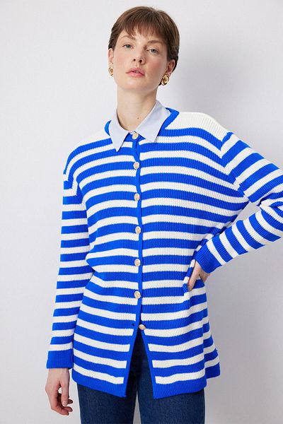 Touché Privé Gold Buttoned Striped Long Cardigan