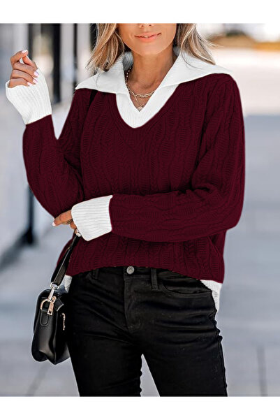 hanope Tricotaj de damă cu decolteu în V burgundă Pulover cu detalii tricotat...