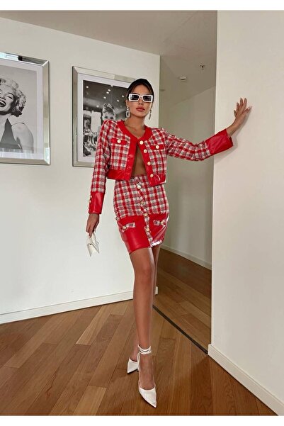 1Moda1Tarz Kadın İthal Deri&Tüvit Kumaş Düğmeli Kareli Astarlı Özel Tasarım Alt-Üst Takım