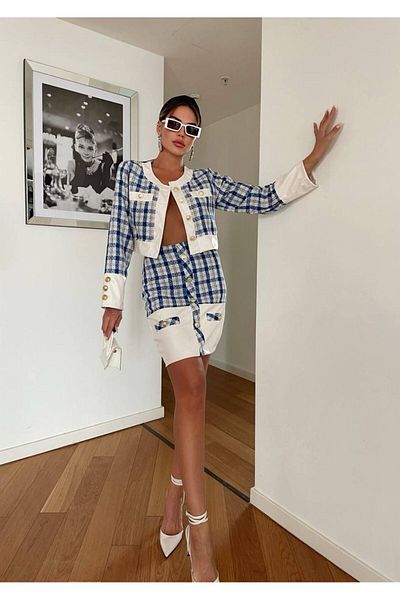 1Moda1Tarz Women's Imported Leather&Tweed Fabric Buttoned Checked Lined Special Design Top and Bottom Set
