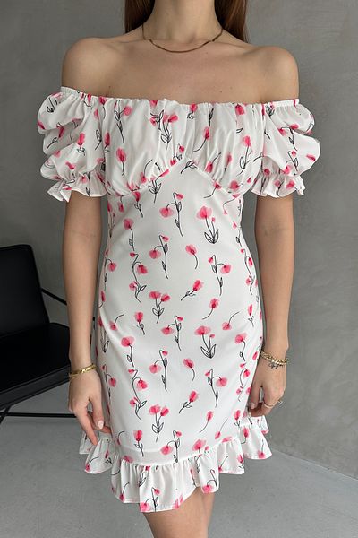 Rabi Shine Rabi̇ Shine Green Flower Patterned Dress with Low Shoulder