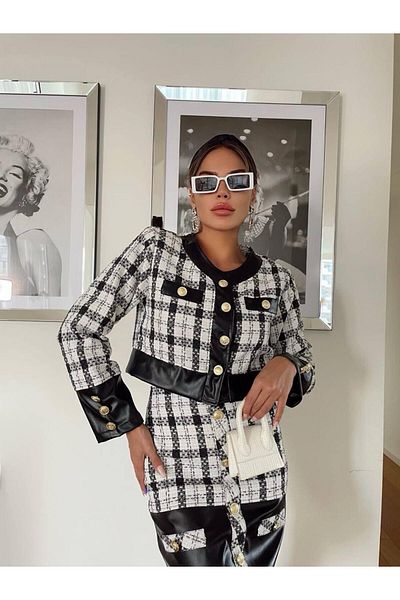 1Moda1Tarz Women's Imported Leather&Tweed Fabric Buttoned Checked Lined Special Design Top and Bottom Set