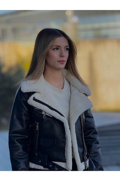 MODAEMAS Palton din piele cu guler încrucișat pentru femei