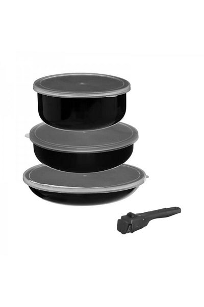 FİVE Set of 3 aluminum cooking pans with lids and removable handle, 7 pieces