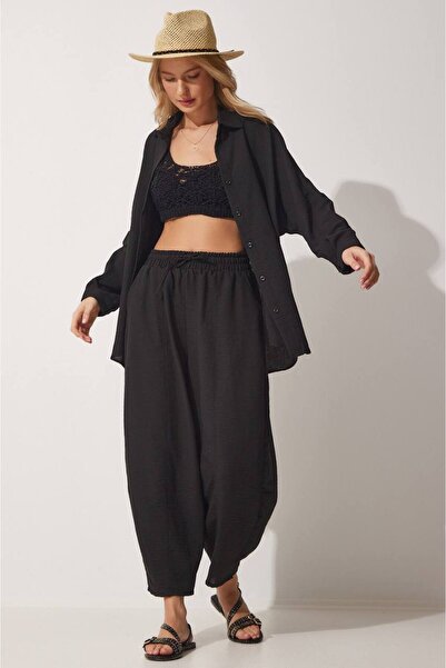 SEVENLINE Γυναικείο λινό πουκάμισο φαρδύ παντελόνι σετ κάτω-πάνω