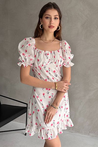 Rabi Shine Rabi̇ Shine Green Flower Patterned Dress with Low Shoulder