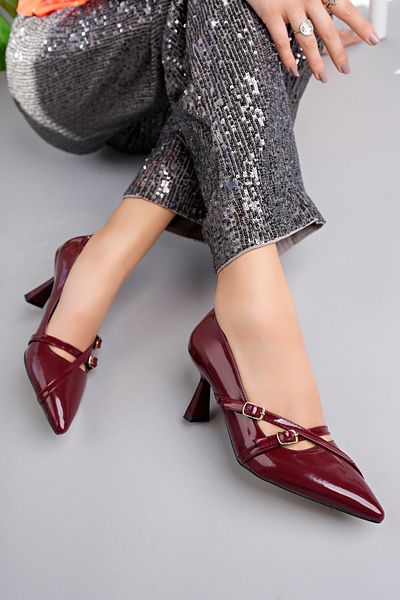 MARSHETTA Stiletza Model Women's Burgundy Patent Leather Buckle Detailed Pointed Toe Stiletto Heeled Shoes