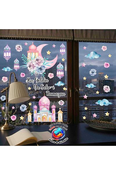 Sticker Ekspres Double Sided Printed Colorful Mosque Lanterns and Flowers Ramadan Glass Sticker Set / Ramadan Ornaments