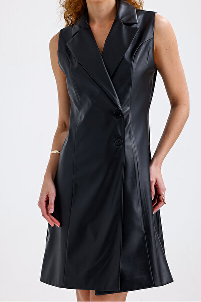 Sense Suni Deri Astarlı Kruvaze Ceket Elbise ELB35943 Siyah