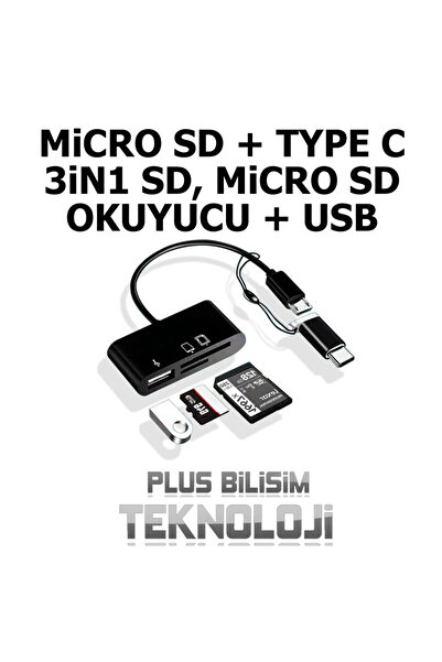 Plus Bilişim Oem Micro Usb Type-C 3 in 1 SD Micro SD Kart Okuyucu + USB Otg Çevirici Kablosu