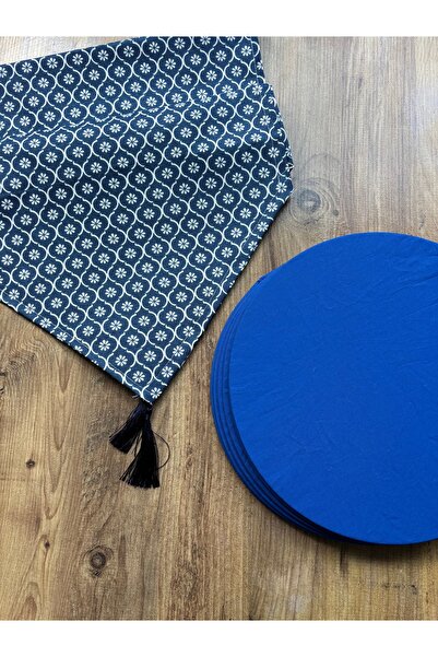 HALFART Lacivert Moroccan Yonca Duck Keten Runner ve 6'lı Saks Supla Seti