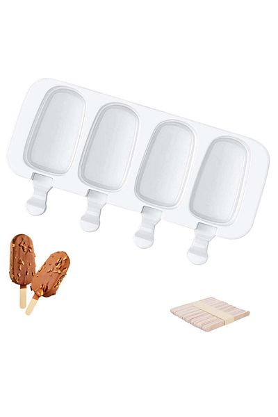 Micostore Silicone mold for ice cream on a stick, 4 cavities and 10 wooden sticks, Cake Pops, 21 x 13 cm, White