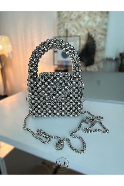 GÜLSEMALİ Molie Shine Silver Pearl Handmade Modern/Stylish Night/Daily Small Size Acrylic Pearl Bead Bag Model