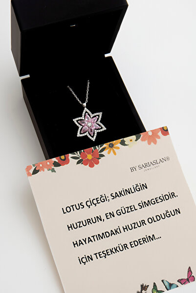 SARIASLAN Işıklı Kutuda Pembe Taşlı Yeni Lotus Çiçeği Gümüş Kolye