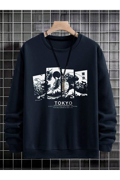 PALPİTO Мъжки тъмносин суитшърт с кръгло деколте и щампа Tokyo