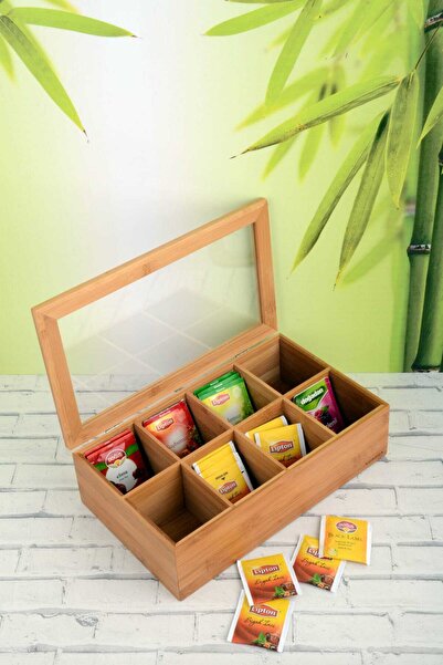 ellahomedekor Lüx Bambu Cam Kapaklı 8 Bölmeli Bitki Çay Kutusu 30x20x7cm.