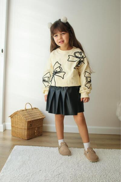 KOKOŞ BEBEK Bow Detailed, Faux Leather Skirt Set |   Between 3/10 Years