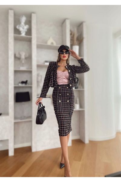 1Moda1Tarz Women's Imported Tweed Fabric Checked Pattern Button Detailed Lined Bottom-Top Suit
