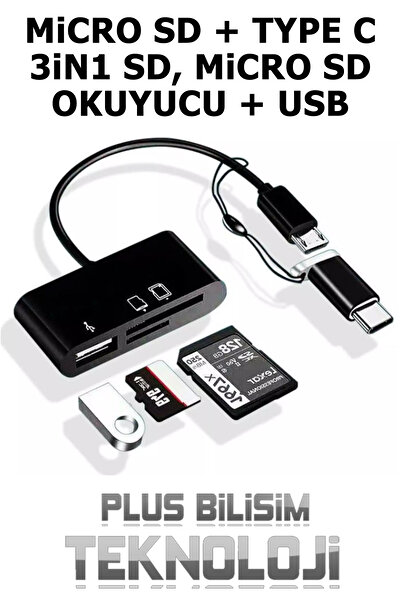 Plus Bilişim Oem Micro Usb Type-C 3 in 1 SD Micro SD Kart Okuyucu + USB Otg Çevirici Kablosu