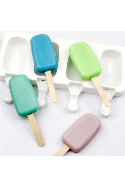 Micostore Silicone mold for ice cream on a stick, 4 cavities and 10 wooden sticks, Cake Pops, 21 x 13 cm, White