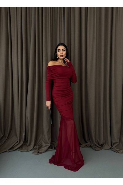 S&A Collectionn Rochie lungă pentru femei, cu guler înfășurat, fără umăr, cu fustă din tul adunată