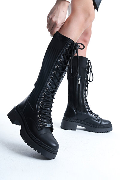 Adımla Cizme de damă Amaya, tricotaj negru elastic, potrivite pentru gambe groase