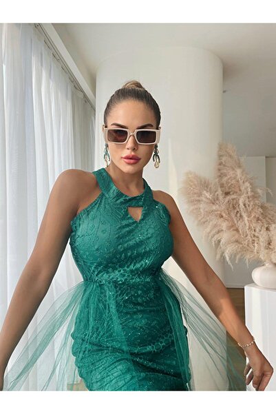 1Moda1Tarz Γυναικείο φόρεμα ειδικής σχεδίασης από εισαγόμενο ύφασμα με μοτίβο κεντήματος με λεπτομέρεια από τούλι και φόδρα με ζώνη