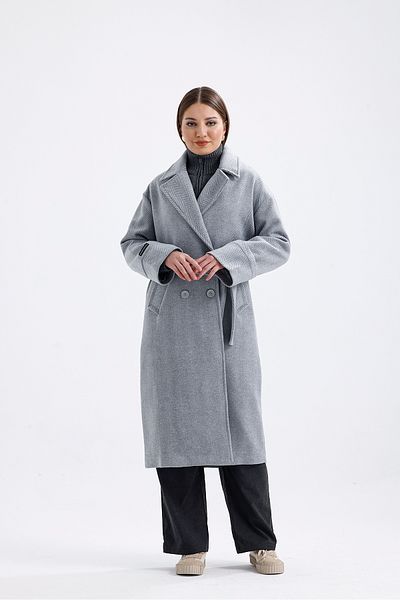 Perryes Women's Layered Collar, Fold Sleeve Detailed Oversize Long Coat with Herringbone Pattern